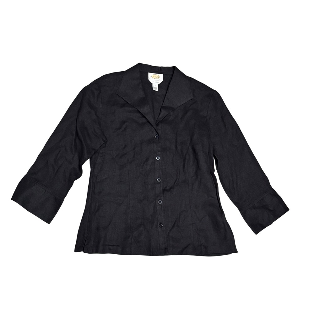 Talbots Irish Linen Shirt Womens 12 Black Excellent 3/4 Sleeve Button Down Top